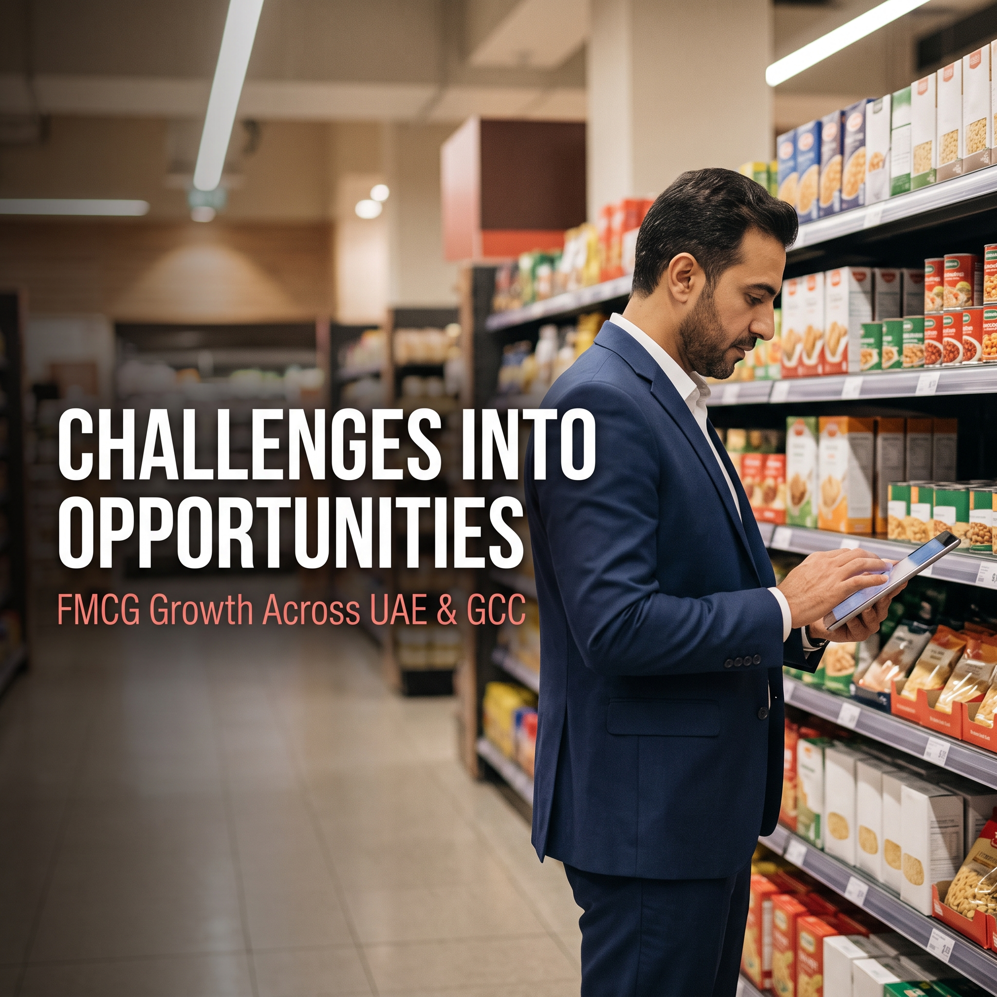 FMCG business consultant reviewing retail shelf performance in a Dubai supermarket, Strategic Edge Consultancy
