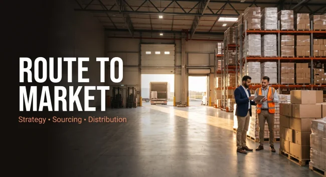 FMCG distribution warehouse with stocked shelves, representing route-to-market strategy in the UAE and GCC